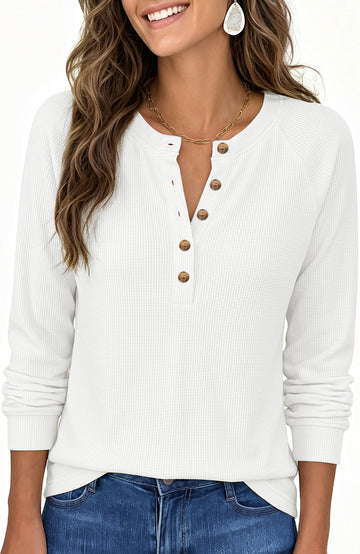 SPROUTOP Blouses for Women Waffle Knit Long Sleeve Shirts Casual Button Up Henley V Neck Tunic Tops Basic Tees