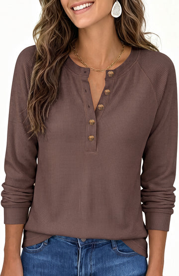 SPROUTOP Blouses for Women Waffle Knit Long Sleeve Shirts Casual Button Up Henley V Neck Tunic Tops Basic Tees