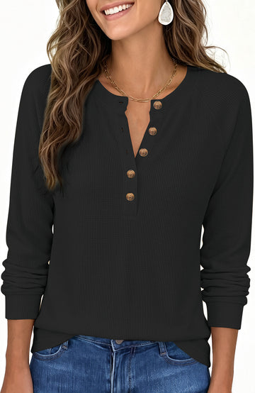 SPROUTOP Blouses for Women Waffle Knit Long Sleeve Shirts Casual Button Up Henley V Neck Tunic Tops Basic Tees