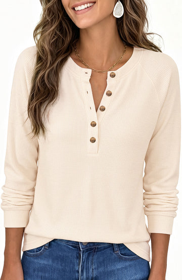 SPROUTOP Blouses for Women Waffle Knit Long Sleeve Shirts Casual Button Up Henley V Neck Tunic Tops Basic Tees