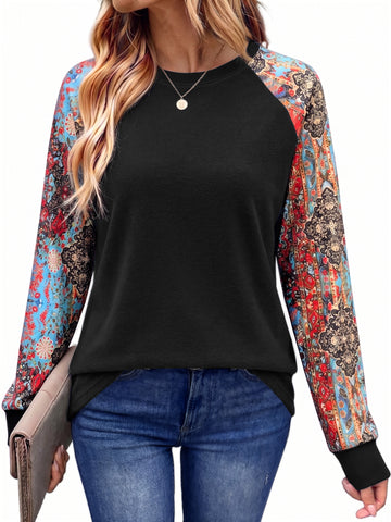 SPROUTOP Color Block Sweatshirts for Women Raglan Long Sleeve Shirts Casual Crewneck Printed Pullover Tunic Tops