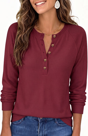 SPROUTOP Blouses for Women Waffle Knit Long Sleeve Shirts Casual Button Up Henley V Neck Tunic Tops Basic Tees