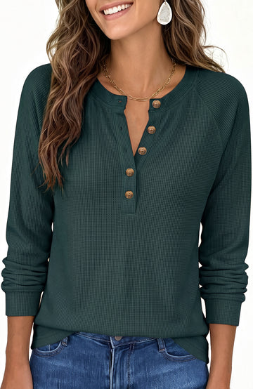 SPROUTOP Blouses for Women Waffle Knit Long Sleeve Shirts Casual Button Up Henley V Neck Tunic Tops Basic Tees